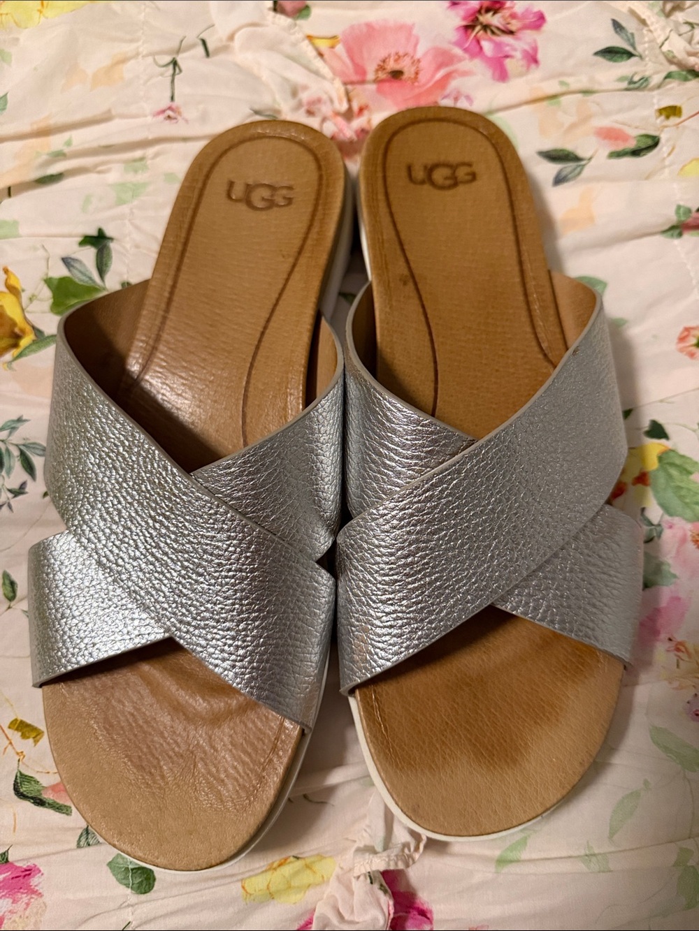 UGG  Size 9 Metallic Silver Crossband Slide Sandals for Women
